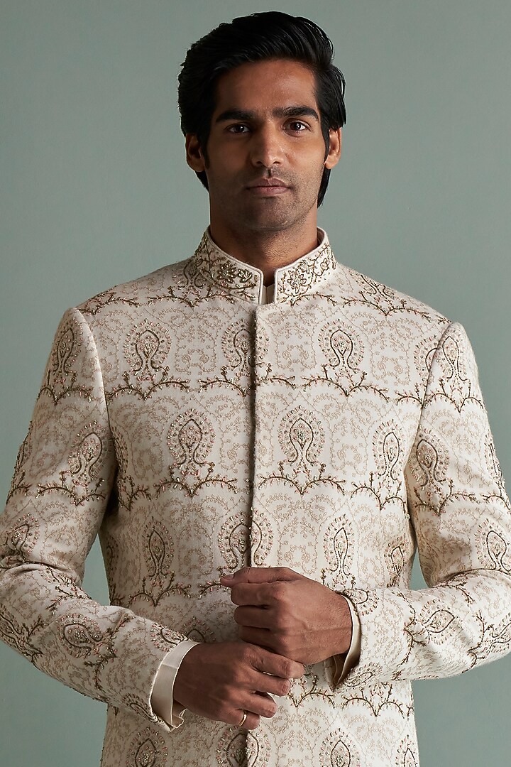 Cream Thread Embroidered Groom Sherwani Set by Qbik Men at Pernia's Pop Up Shop