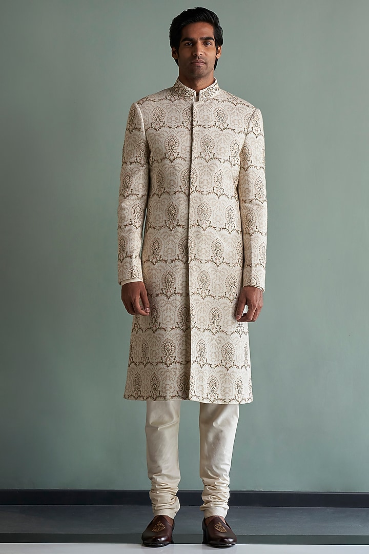 Cream Thread Embroidered Groom Sherwani Set by Qbik Men at Pernia's Pop Up Shop