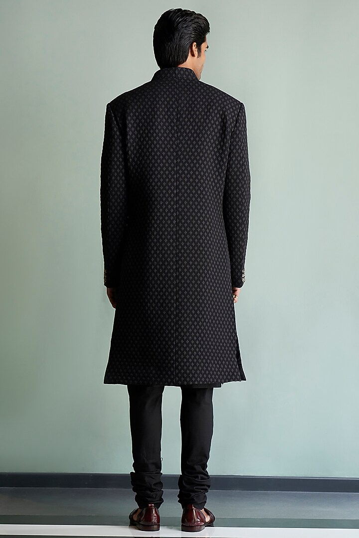 Black Thread Embroidered Wedding Sherwani Set by Qbik Men at Pernia's Pop Up Shop