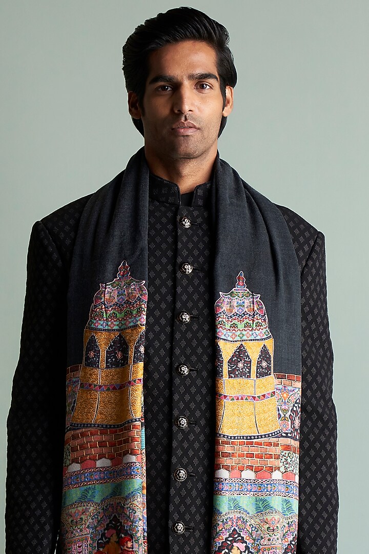 Black Thread Embroidered Wedding Sherwani Set by Qbik Men at Pernia's Pop Up Shop