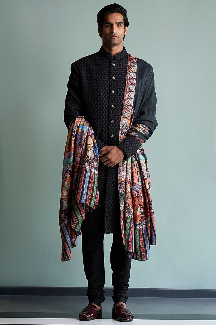 Black Thread Embroidered Wedding Sherwani Set by Qbik Men at Pernia's Pop Up Shop