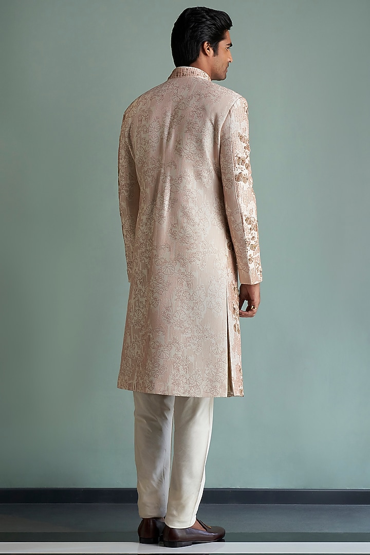 Beige Zardosi Embroidered Groom Sherwani Set by Qbik Men at Pernia's Pop Up Shop