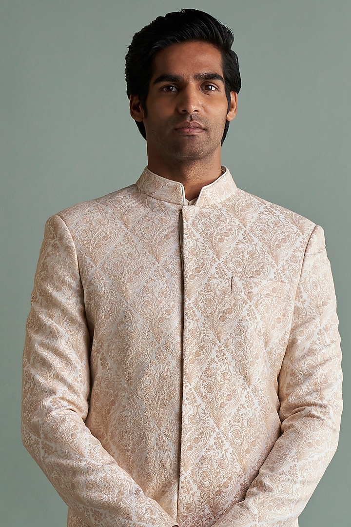 Beige Thread Embroidered Wedding Sherwani Set by Qbik Men at Pernia's Pop Up Shop