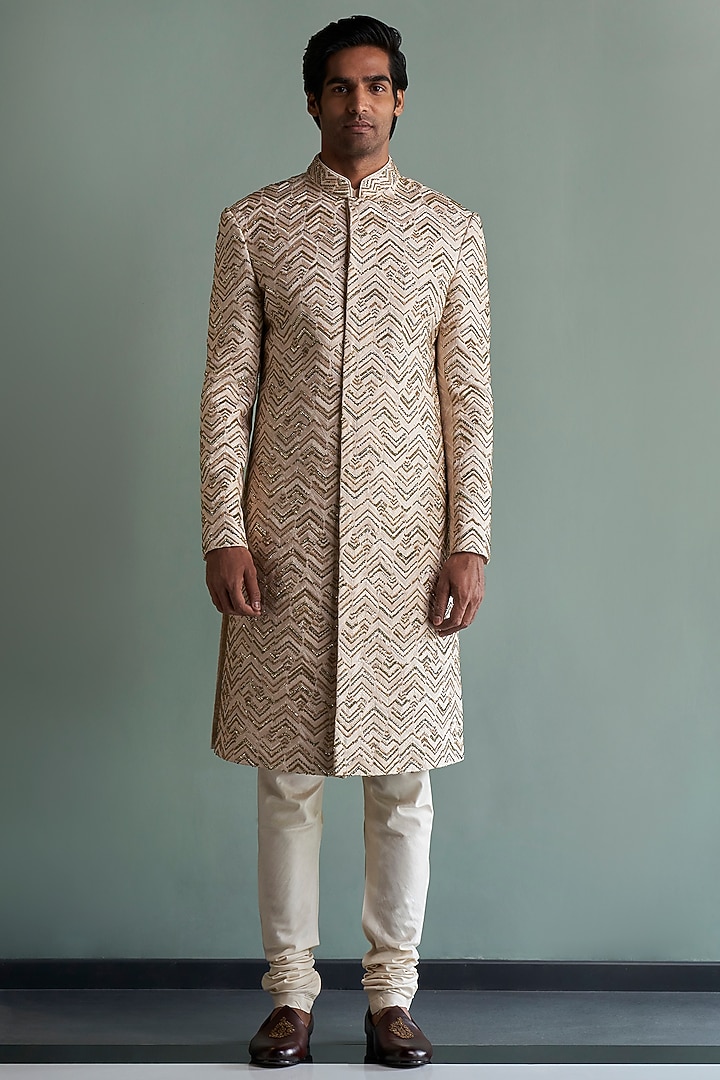 Beige Chevron Embroidered Groom Sherwani Set by Qbik Men at Pernia's Pop Up Shop