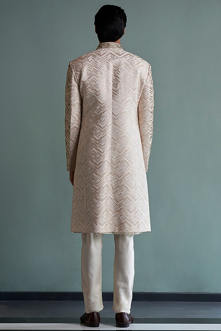 Beige Chevron Embroidered Groom Sherwani Set by Qbik Men at Pernia's Pop Up Shop