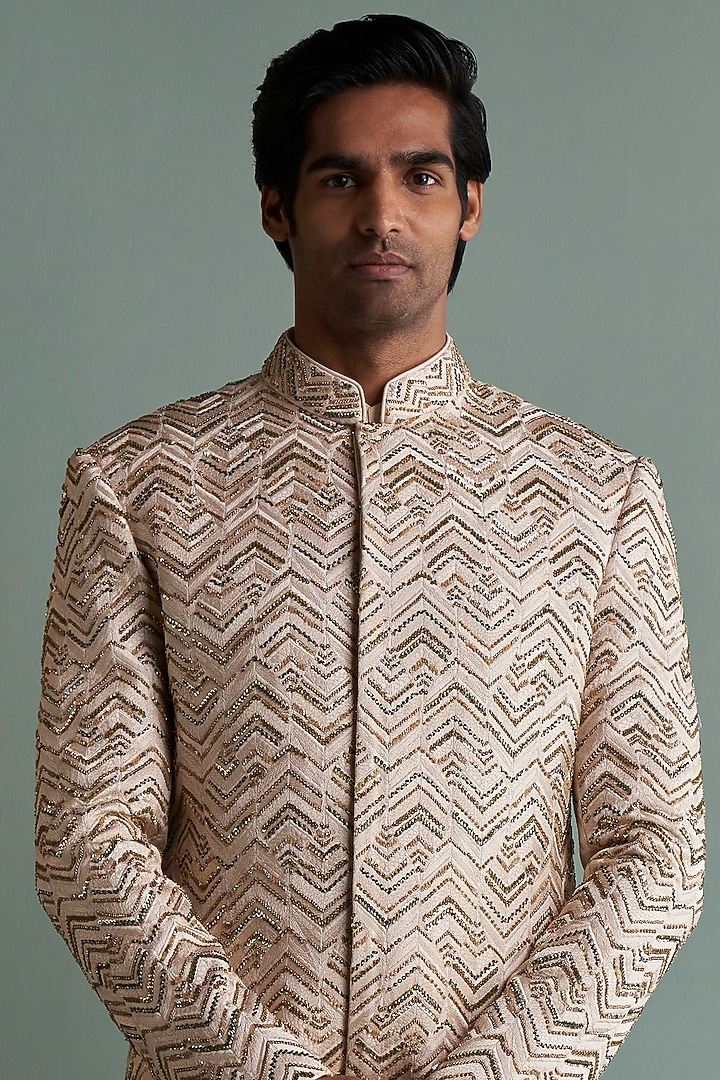 Beige Chevron Embroidered Groom Sherwani Set by Qbik Men at Pernia's Pop Up Shop