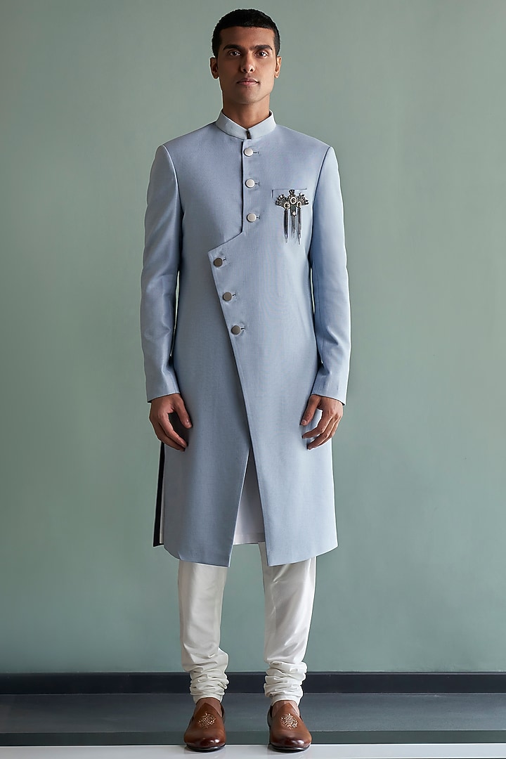 Powder Blue Suiting Wedding Indowestern Set by Qbik Men at Pernia's Pop Up Shop