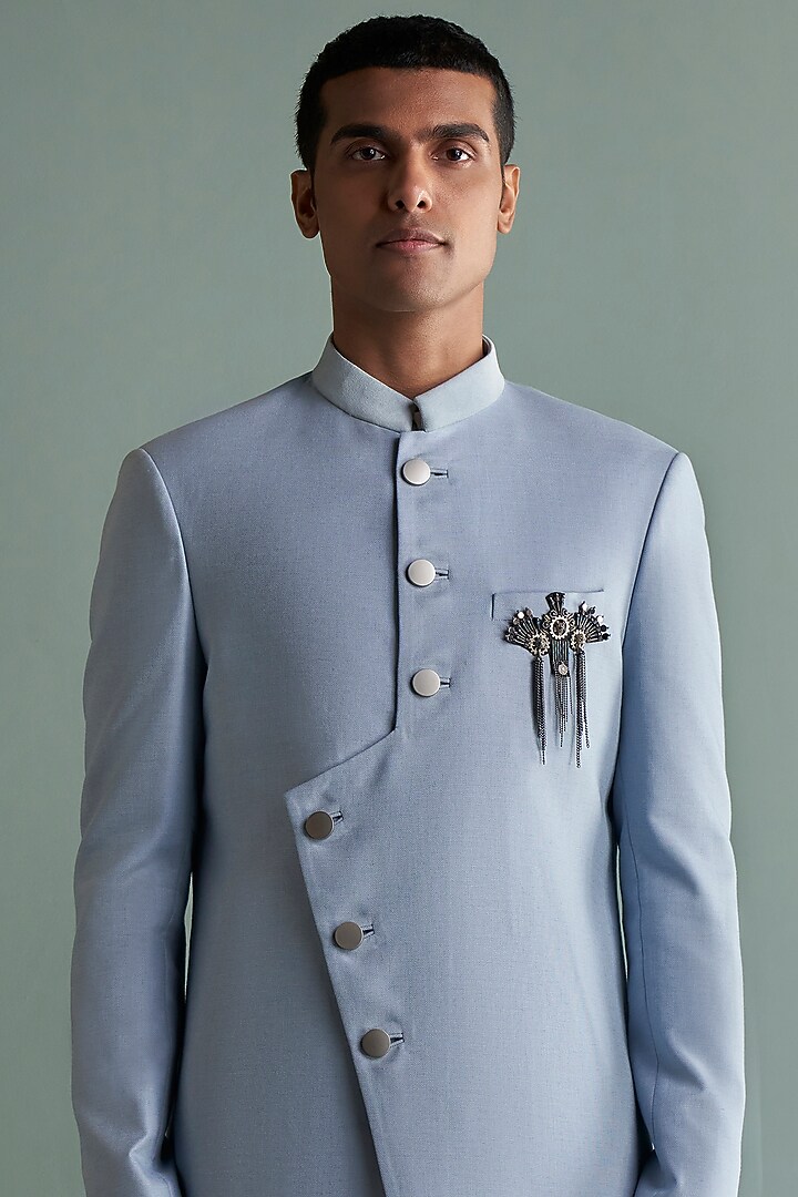 Powder Blue Suiting Wedding Indowestern Set by Qbik Men at Pernia's Pop Up Shop