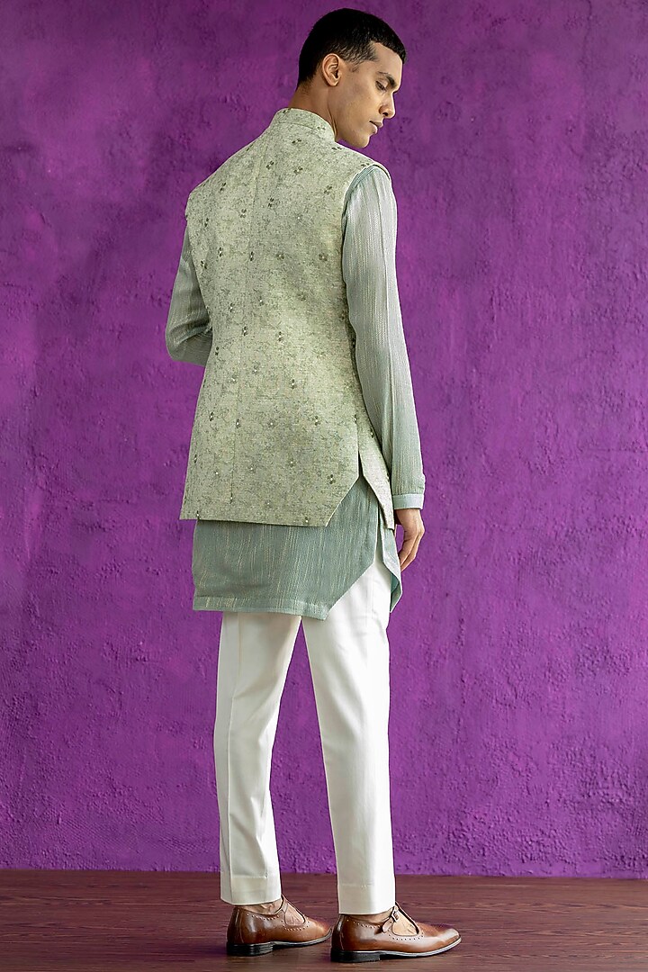 Mint Embroidered Bundi Jacket With Kurta Set by Qbik Men at Pernia's Pop Up Shop