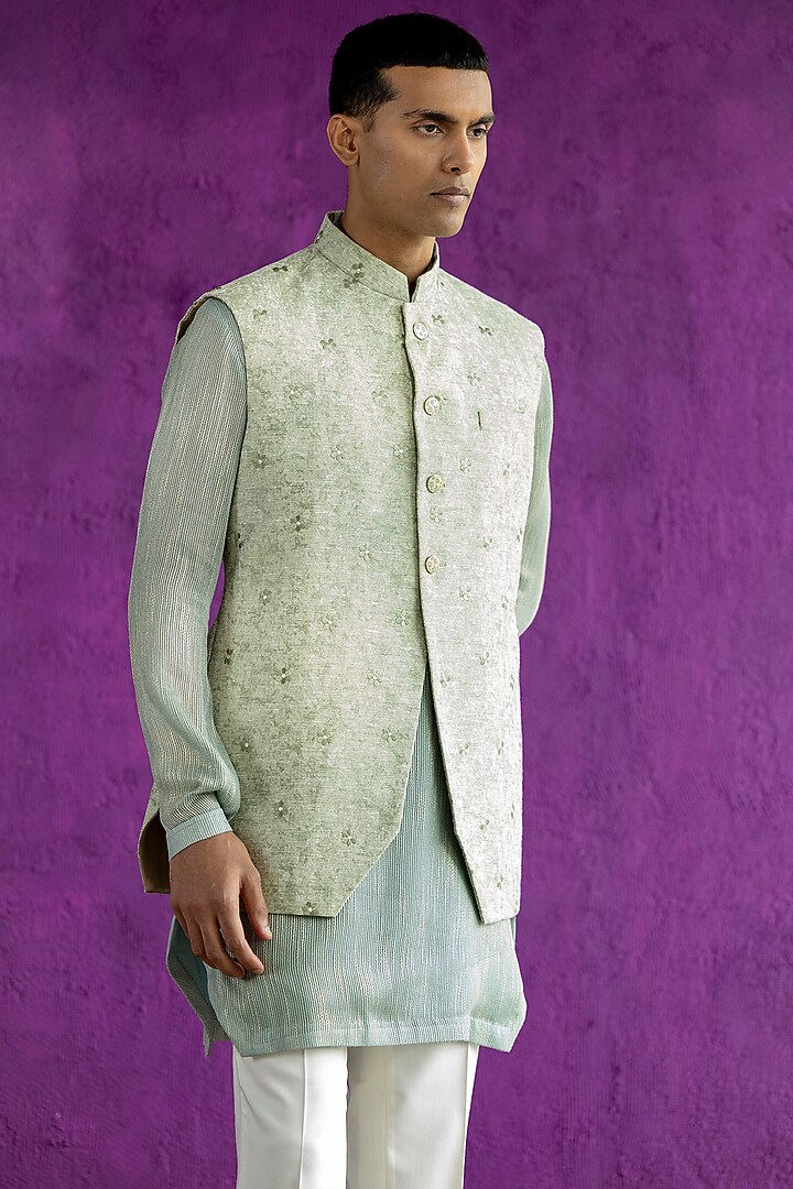 Mint Embroidered Bundi Jacket With Kurta Set by Qbik Men at Pernia's Pop Up Shop