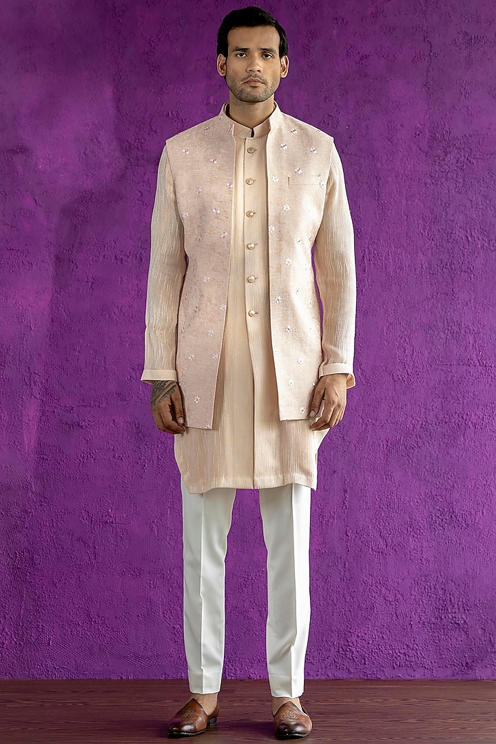 Pink Jacquard Indowestern Jacket With Kurta Set by Qbik Men