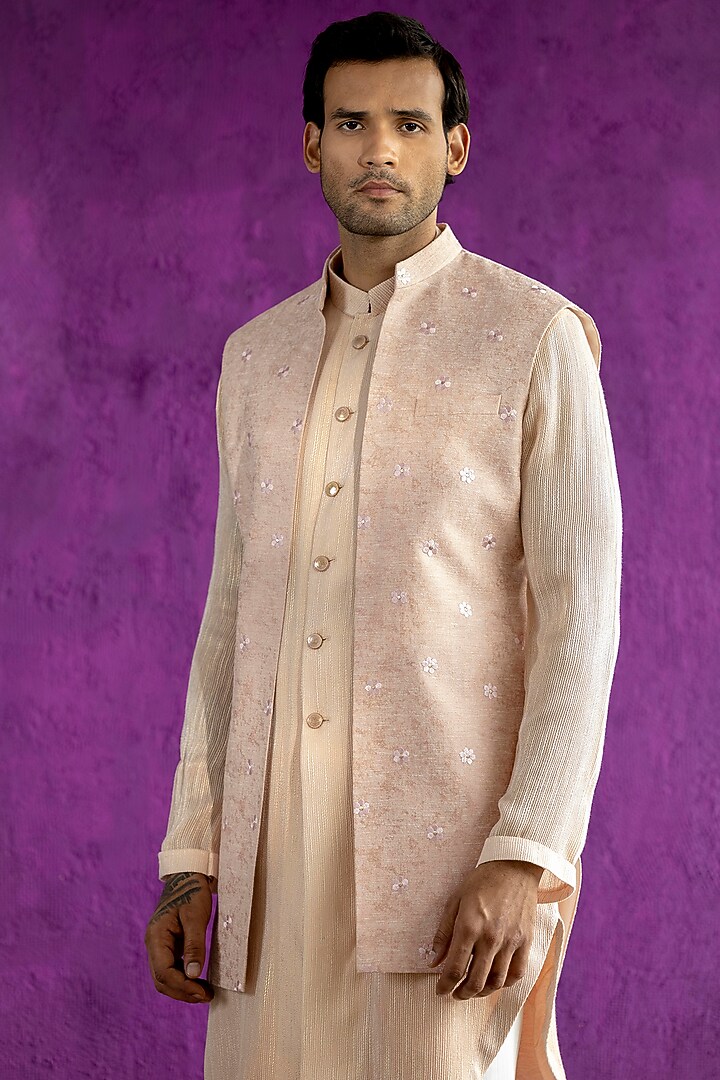 Pink Jacquard Wedding Indowestern Jacket With Kurta Set by Qbik Men at Pernia's Pop Up Shop