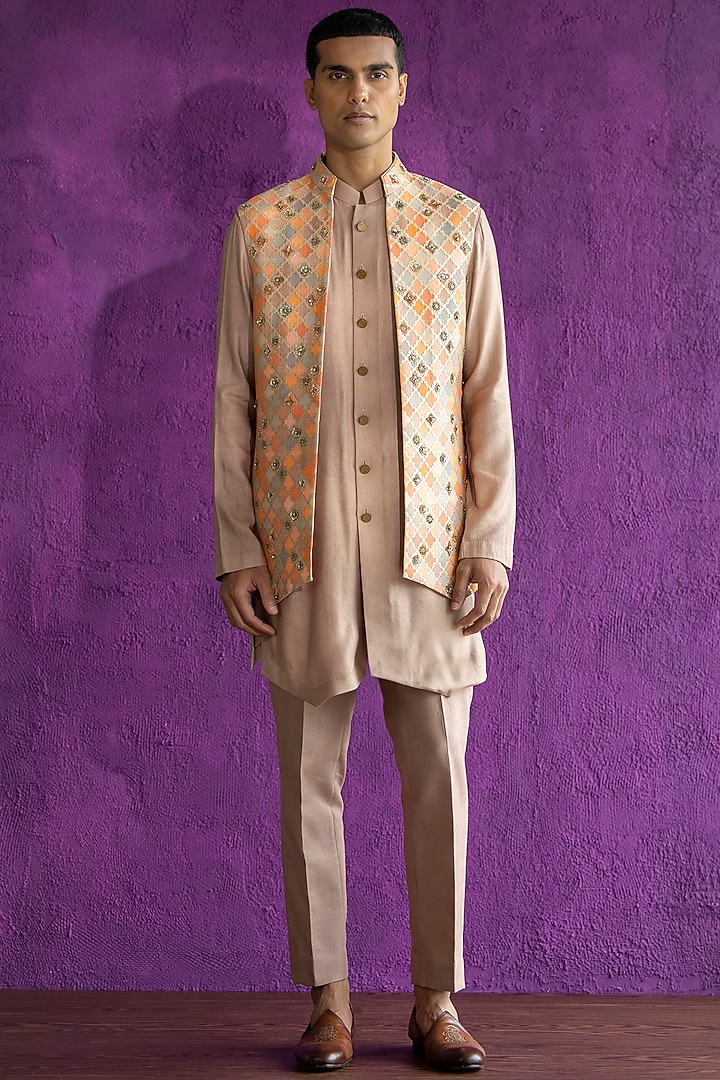 Pink & Rust Silk Embroidered Bundi Jacket With Kurta Set by Qbik Men