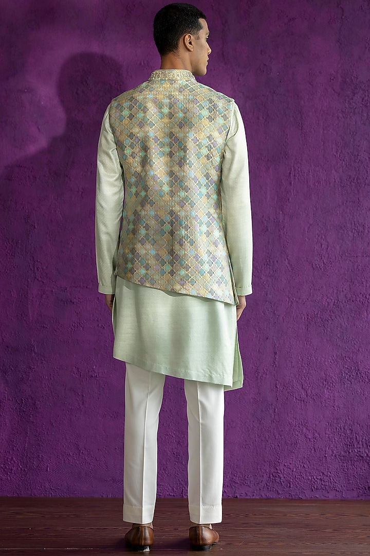 Mint Embroidered Bundi Jacket With Kurta Set by Qbik Men at Pernia's Pop Up Shop