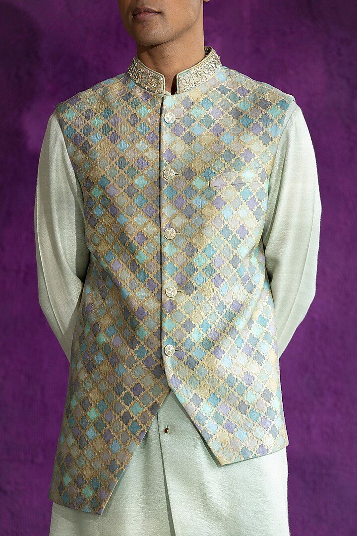 Mint Embroidered Bundi Jacket With Kurta Set by Qbik Men at Pernia's Pop Up Shop