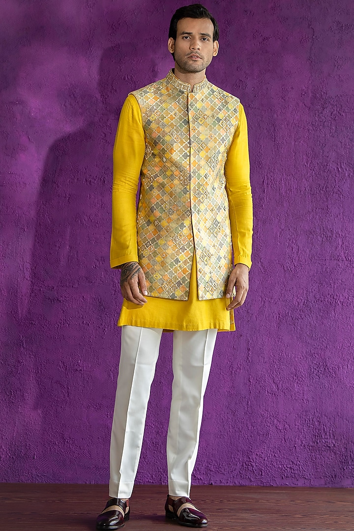 Mustard Chanderi & Silk Brocade Printed Bundi Jacket Set by Qbik Men