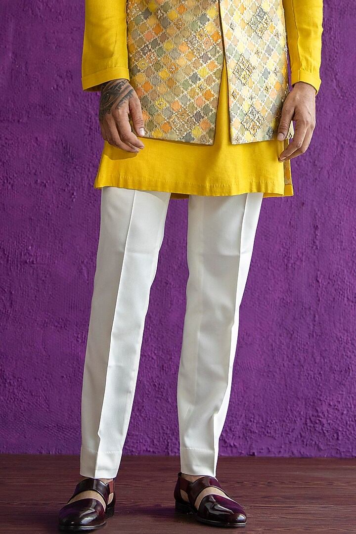 Mustard Chanderi & Silk Brocade Printed Bundi Jacket Set by Qbik Men at Pernia's Pop Up Shop