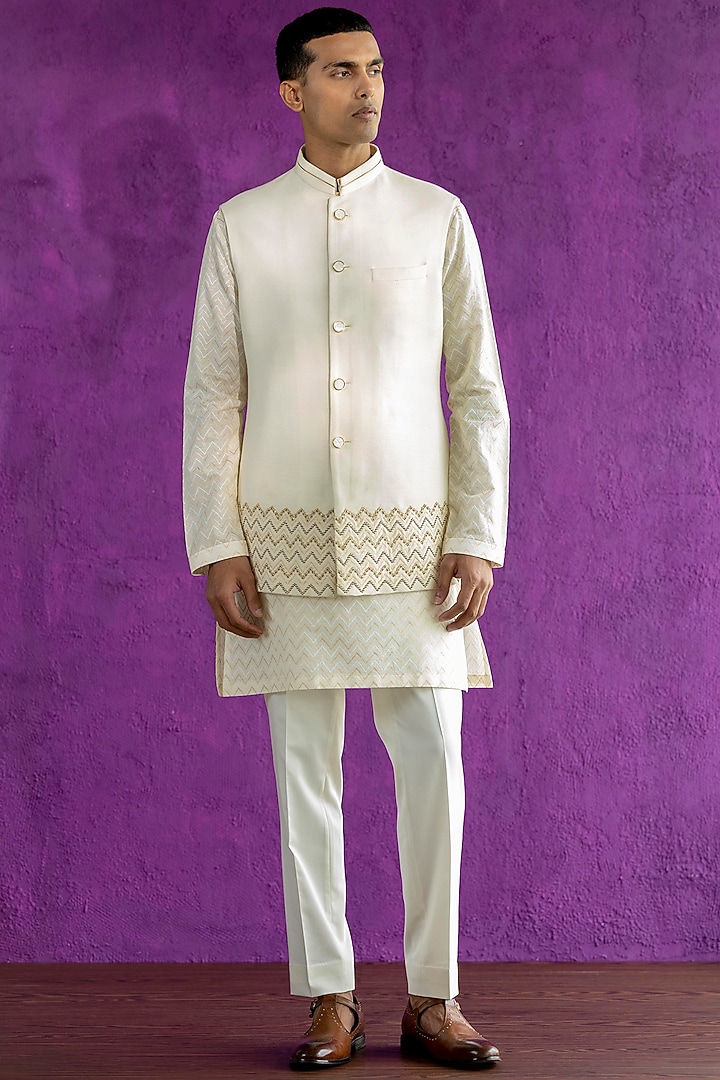 Ivory Embroidered Bundi Jacket With Kurta Set by Qbik Men at Pernia's Pop Up Shop