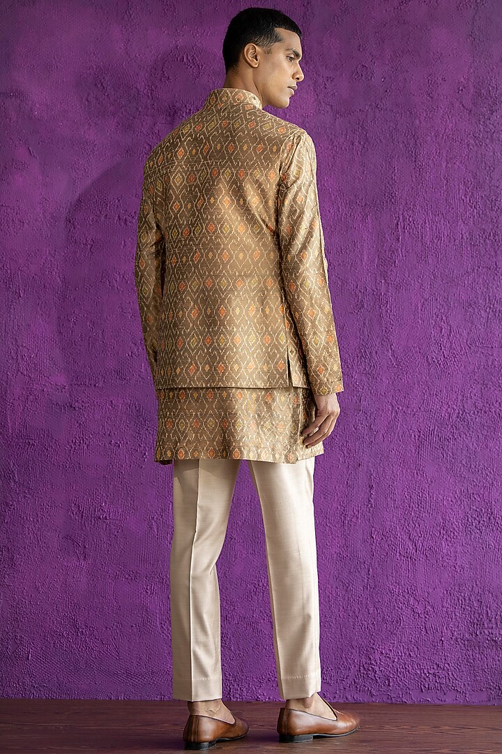 Gold Ikat Embroidered Bundi Jacket With Kurta Set by Qbik Men at Pernia's Pop Up Shop