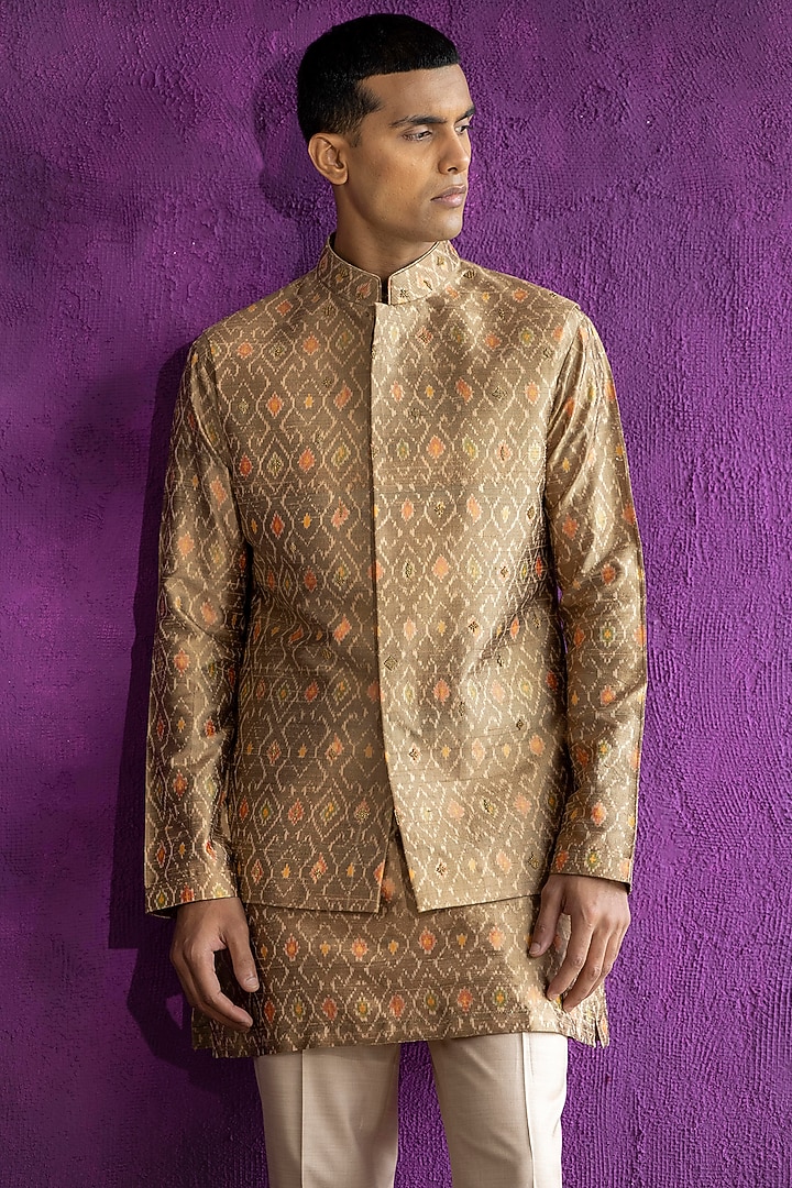 Gold Ikat Embroidered Bundi Jacket With Kurta Set by Qbik Men at Pernia's Pop Up Shop