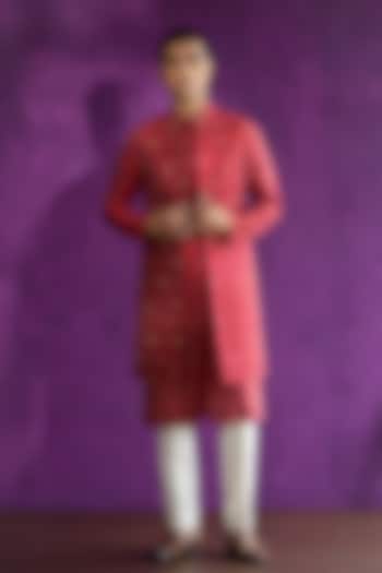 Rani Pink Ikat Embroidered Indowestern Jacket With Kurta Set by Qbik Men