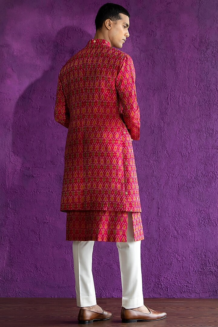 Rani Pink Ikat Embroidered Wedding Indowestern Jacket With Kurta Set by Qbik Men at Pernia's Pop Up Shop