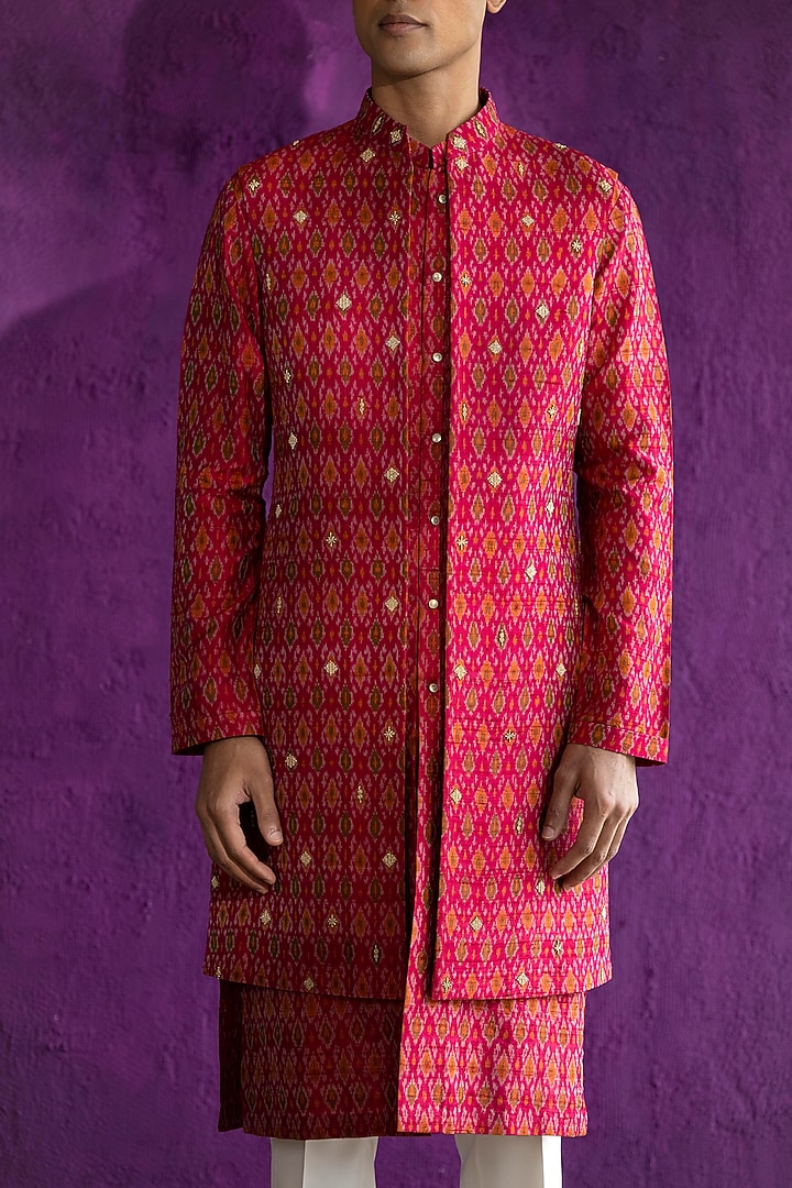 Rani Pink Ikat Embroidered Wedding Indowestern Jacket With Kurta Set by Qbik Men at Pernia's Pop Up Shop