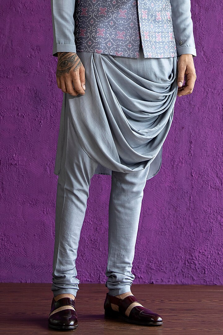 Grey Ikat Bundi Jacket With Embroidered Kurta Set by Qbik Men at Pernia's Pop Up Shop