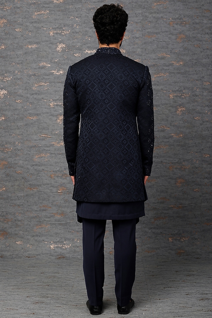 Navy Blue Embroidered Indo-Western Set by Qbik Men at Pernia's Pop Up Shop