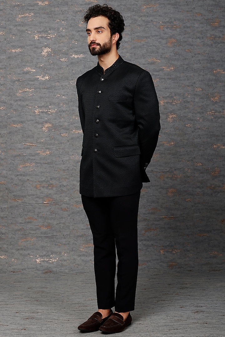 Black Embroidered Wedding Bandhgala Set by Qbik Men at Pernia's Pop Up Shop