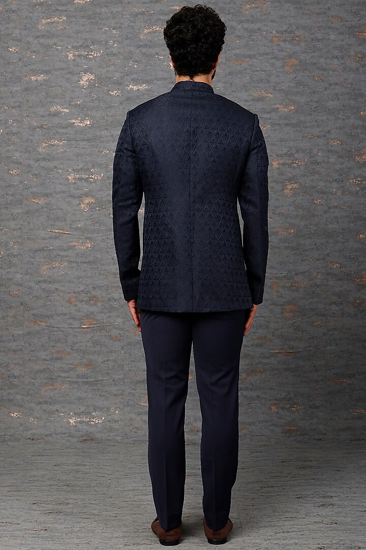 Navy Blue Embroidered Wedding Bandhgala Set by Qbik Men at Pernia's Pop Up Shop