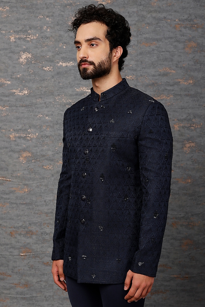 Navy Blue Embroidered Bandhgala Set Design By Qbik Men At Pernia's Pop 