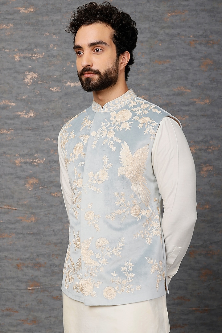 Sky Blue Embroidered Nehru Jacket With Kurta Set by Qbik Men at Pernia's Pop Up Shop