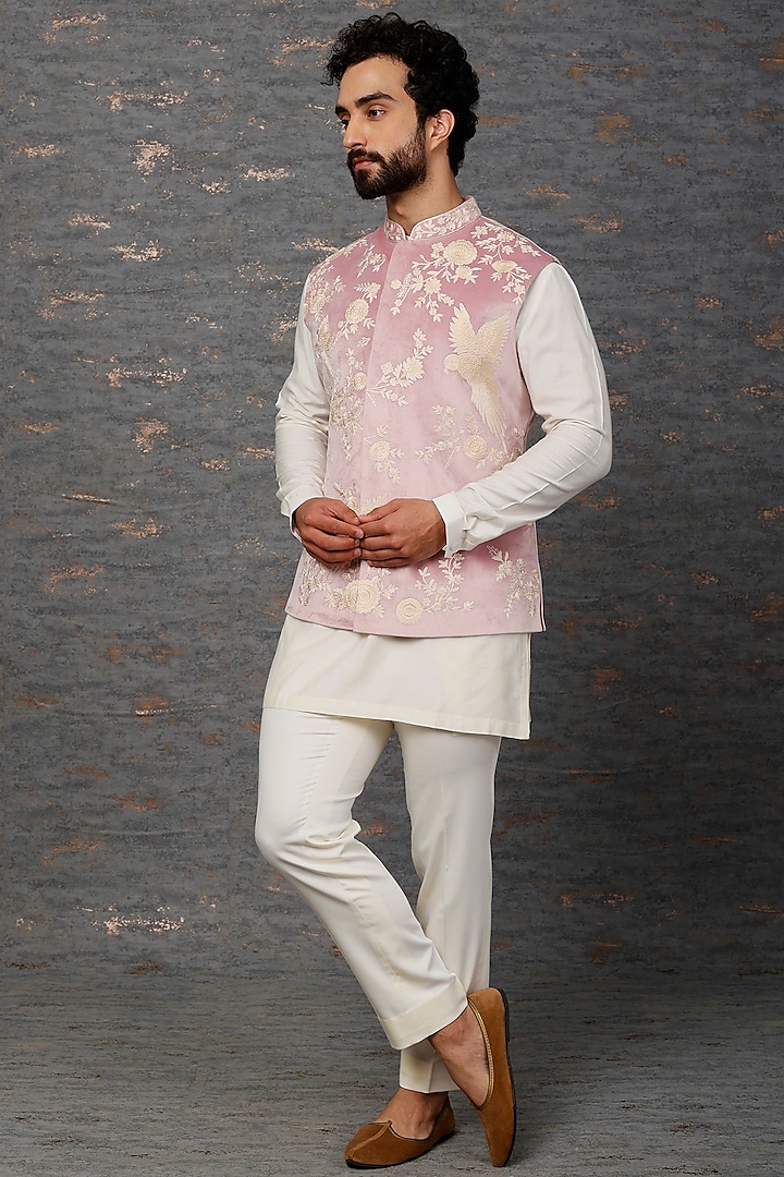 Pink Embroidered Nehru Jacket With Kurta Set by Qbik Men