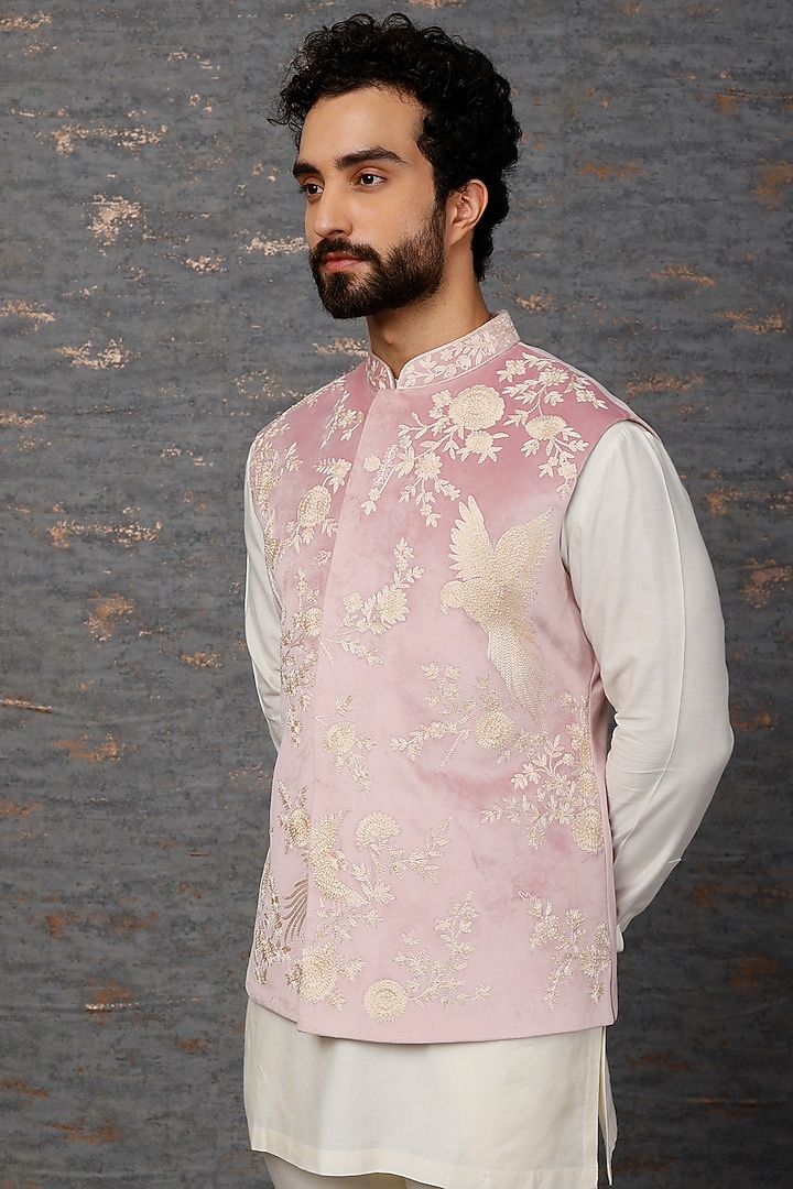 Pink Embroidered Nehru Jacket With Kurta Set by Qbik Men at Pernia's Pop Up Shop