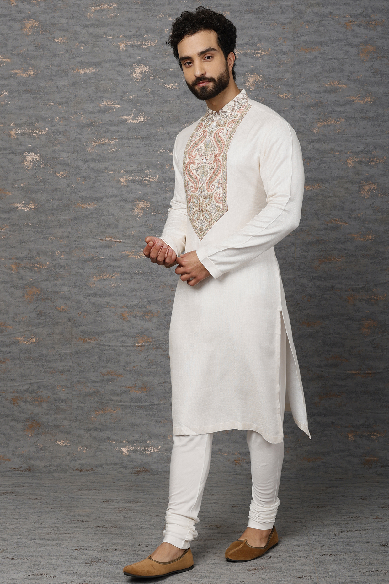 Ivory Embellished Kurta Set by Qbik Men