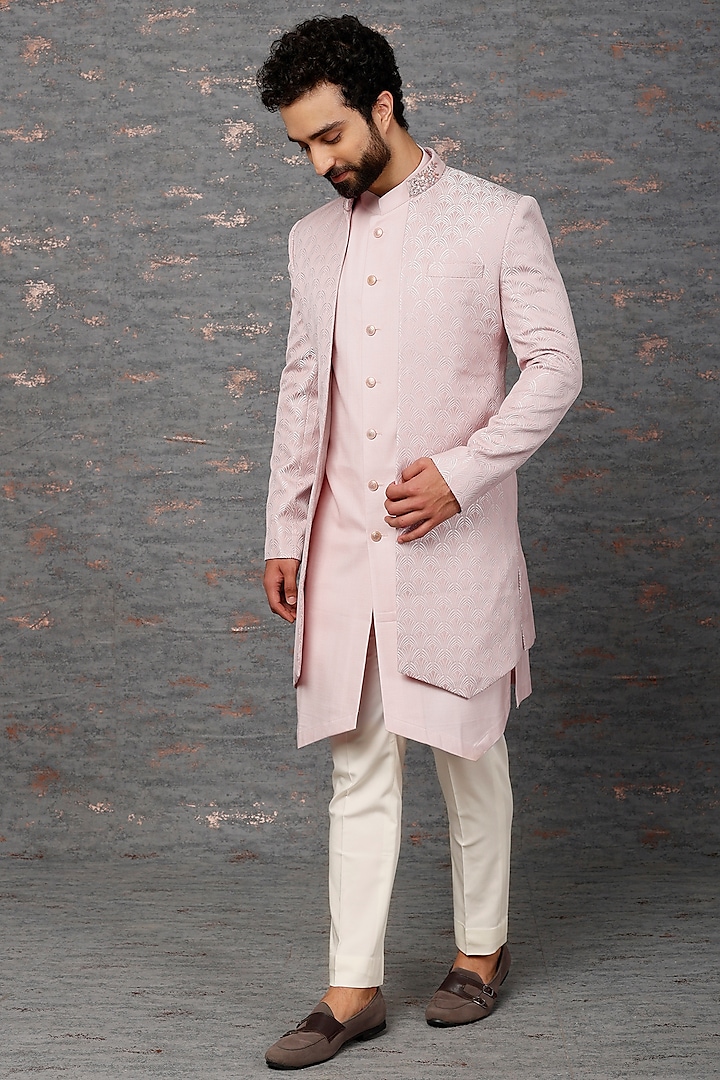 Onion Pink Embroidered Indo-Western Set by Qbik Men