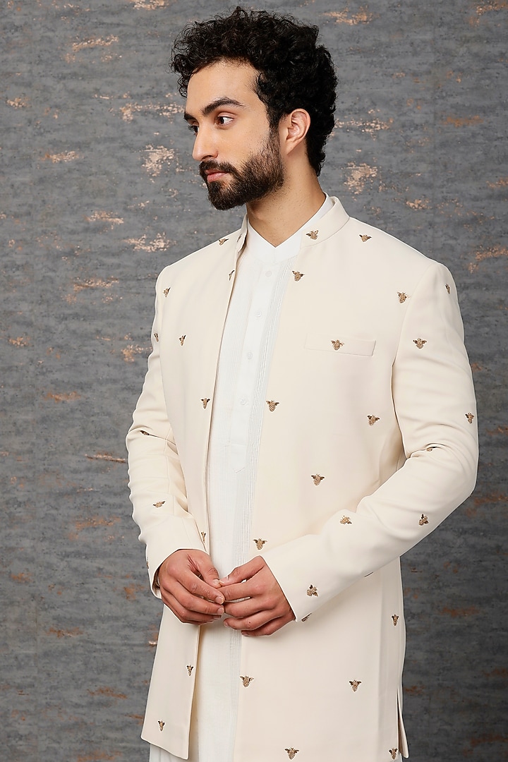 Cream Embroidered Indo-Western Set by Qbik Men at Pernia's Pop Up Shop