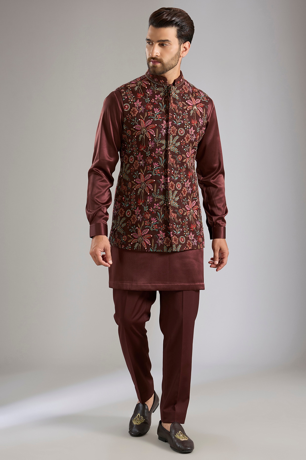Qbik Dark Brown Silk Bundi Jacket Set