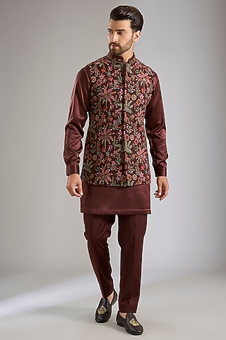 Dark Brown Silk Bundi Jacket Set by Qbik Men