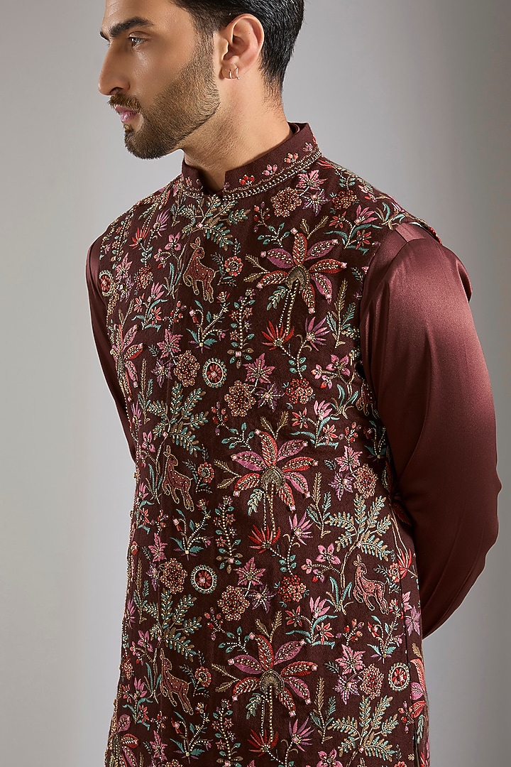 Dark Brown Silk Bundi Jacket Set by Qbik Men at Pernia's Pop Up Shop