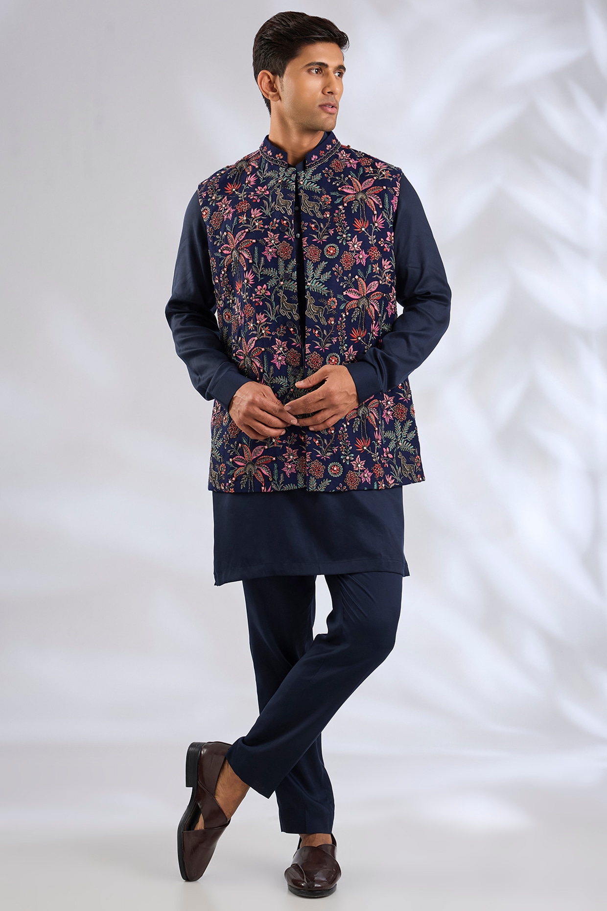 Qbik Navy Blue Silk Bundi Jacket Set