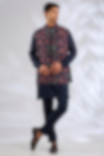 Navy Blue Silk Bundi Jacket Set by Qbik Men at Pernia's Pop Up Shop