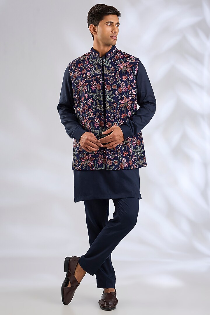 Navy Blue Silk Bundi Jacket Set by Qbik Men at Pernia's Pop Up Shop