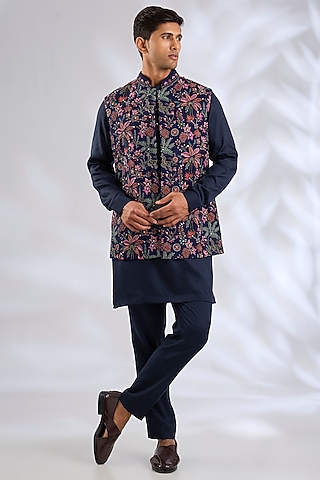 Navy Blue Silk Bundi Jacket Set by Qbik Men
