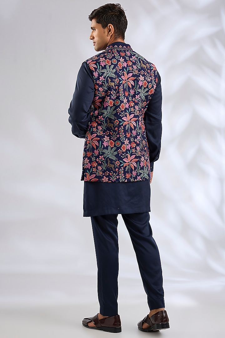 Navy Blue Silk Bundi Jacket Set by Qbik Men at Pernia's Pop Up Shop