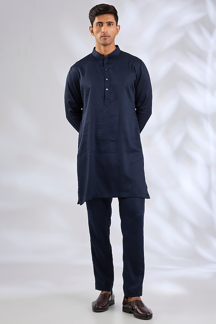Navy Blue Silk Bundi Jacket Set by Qbik Men at Pernia's Pop Up Shop