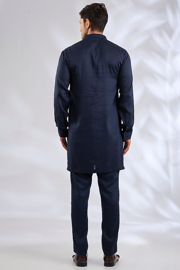 Navy Blue Silk Bundi Jacket Set by Qbik Men at Pernia's Pop Up Shop