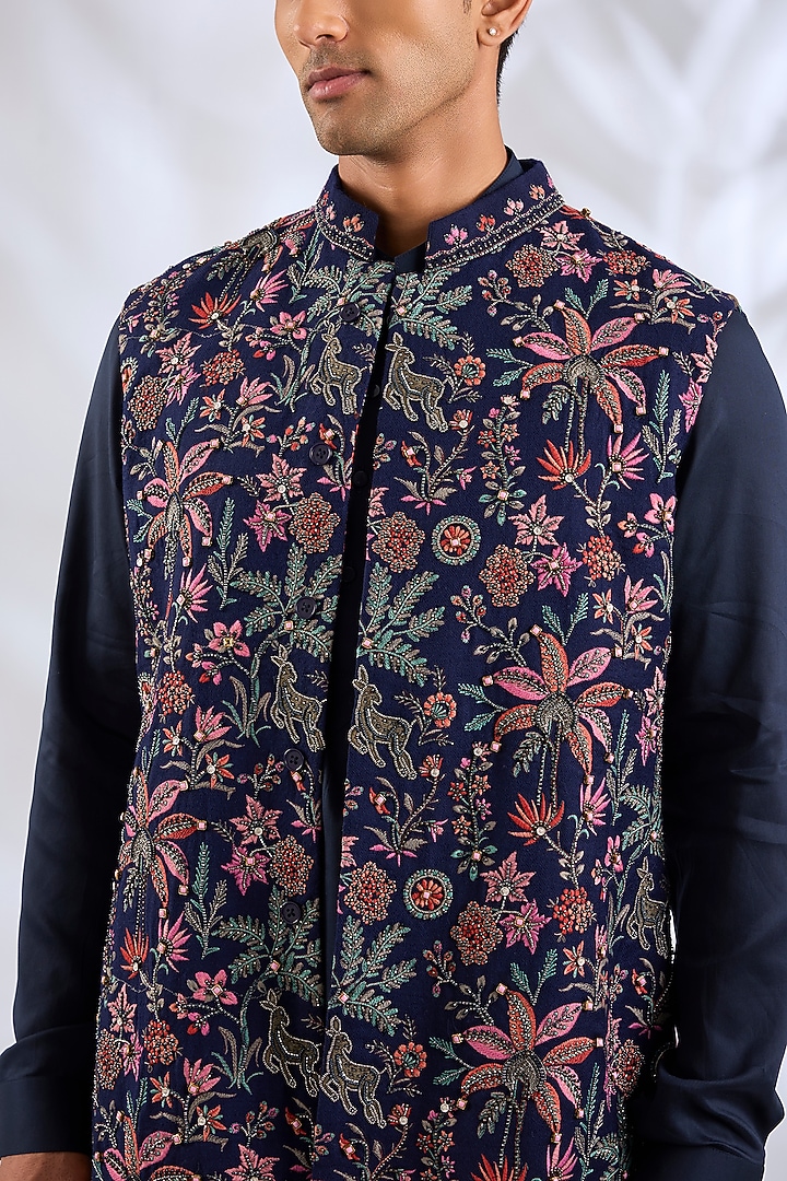 Navy Blue Silk Bundi Jacket Set by Qbik Men at Pernia's Pop Up Shop