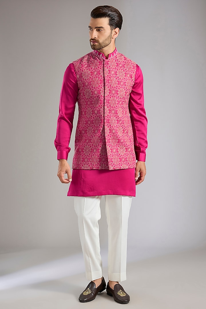 Fuchsia Pink Silk Bundi Jacket Set by Qbik Men at Pernia's Pop Up Shop